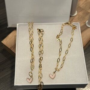 Gold Heart Pendant Necklace, Gold Chain and Bracelet Set